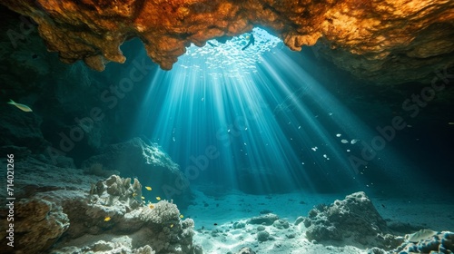 Underwater photo of magic sunlight inside a cave. From a scuba dive in the Red sea in Egypt