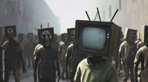 Zombie people with an old tv instead of head. Mass media addiction. Television manipulation and crowd control. Brainwashing concept. 3d render 3d illustration