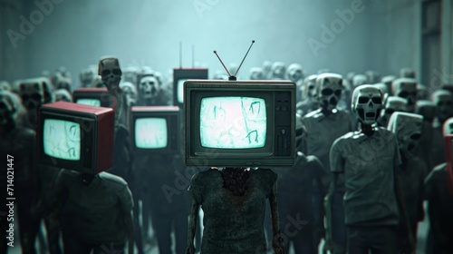 Zombie people with an old tv instead of head. Mass media addiction. Television manipulation and crowd control. Brainwashing concept. 3d render 3d illustration photo