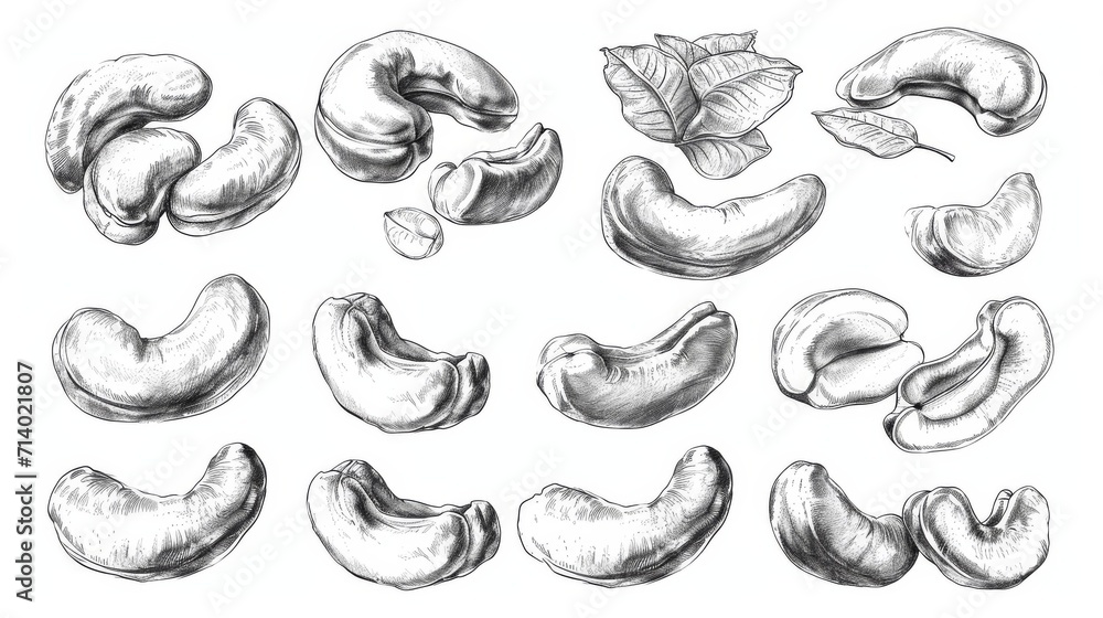 Set Hand drawn sketch cashew nut vector on white background Set Hand drawn sketch cashew nut vector on white background