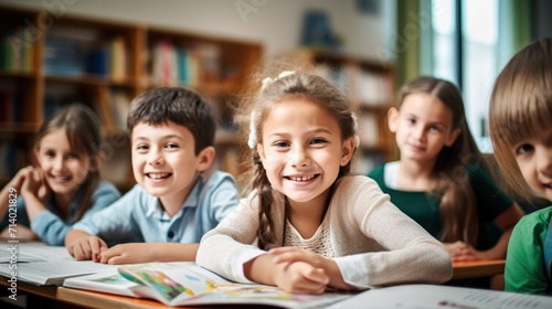 primary elementary school group of children studying in the classroom. learning and sitting at the desk. young cute kids smiling, photo