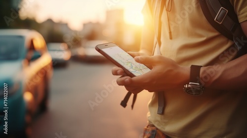 traveler use smartphone to check map to travel with internet and gps application, Travel, mobile phone, technology, smartphone, holding, lifestyle, communication, connection, outdoors photo