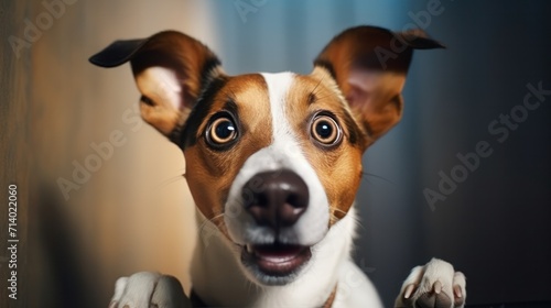 Young crazy surprised dog make big eyes closeup. surprised dog funny face big eyes. Young dog looking surprised and scared. Emotional surprised wide big eye dog at home, high quality photo