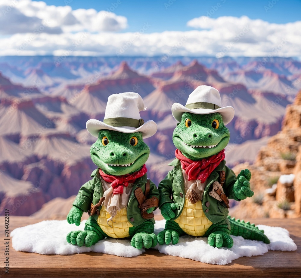 Couple of crocodile mascot sitting on the snow in Canyonlands National Park, Utah, USA