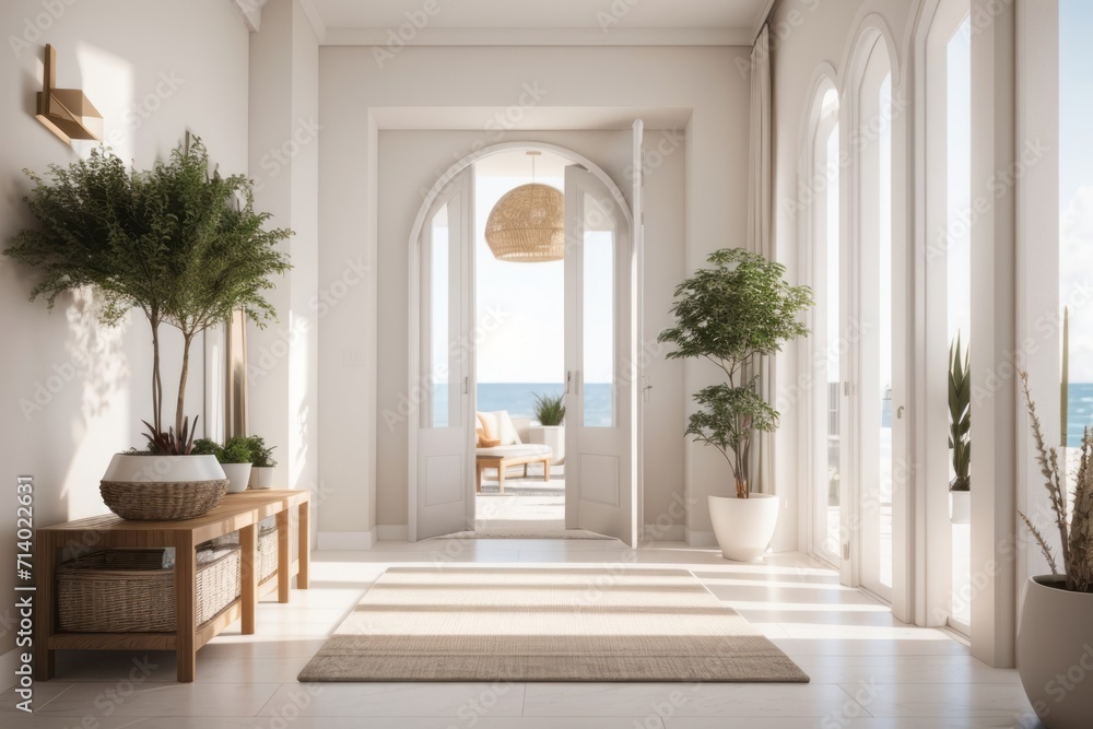 Interior home design of modern entrance hall with door and vases decorating the house on the coastal Interior home design of modern entrance hall with door and vases decorating the house on the coastal