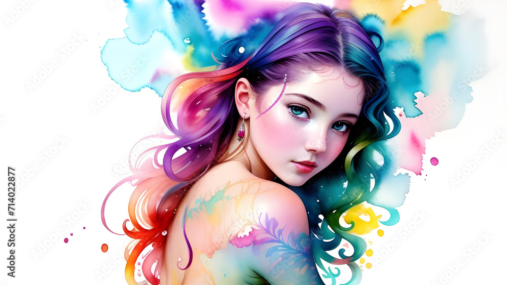 Fototapeta premium painting of a woman with colorful hair and a colorful dress