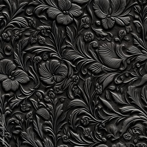 Embossed shiny black leather with the floral motif