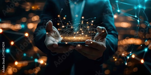 Businessman in modern tech world hand touching virtual communication digital innovation male with technology concept background science networking futuristic success data abstract human