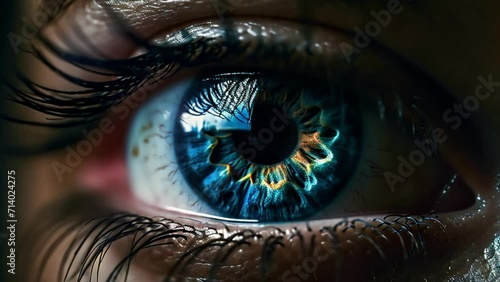 Human eyeball close up with blue iris, eyelashes and pupil Generative AI  photo