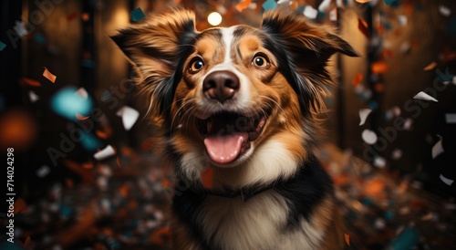 A majestic australian shepherd with its mouth agape, exuding pure joy and love for its human companion © Larisa AI