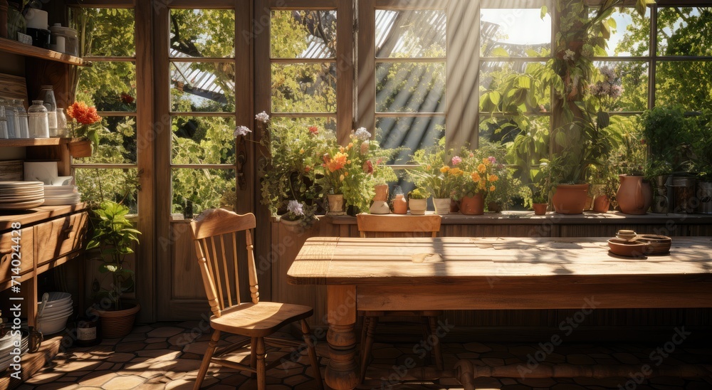 A cozy indoor scene featuring a wooden table and chair next to a window adorned with a houseplant, while outside a tree stands tall beside a patio with an outdoor table and flowerpot