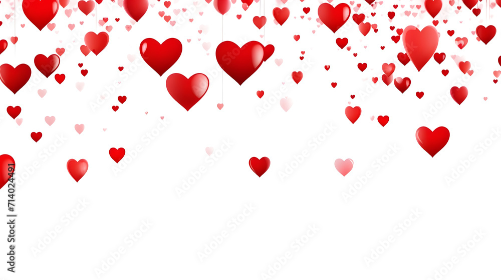 abstract red valentines day hearts raining down isolated on white background.