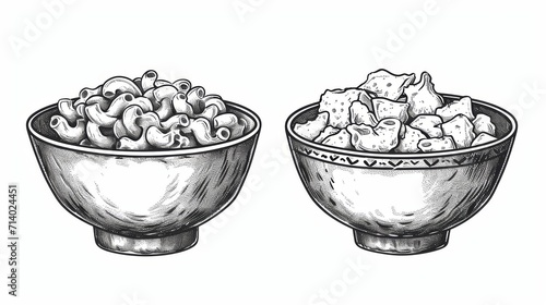 Set Hand drawn sketch homemade macaroni and cheese in a bowl. Isolated object on white background photo