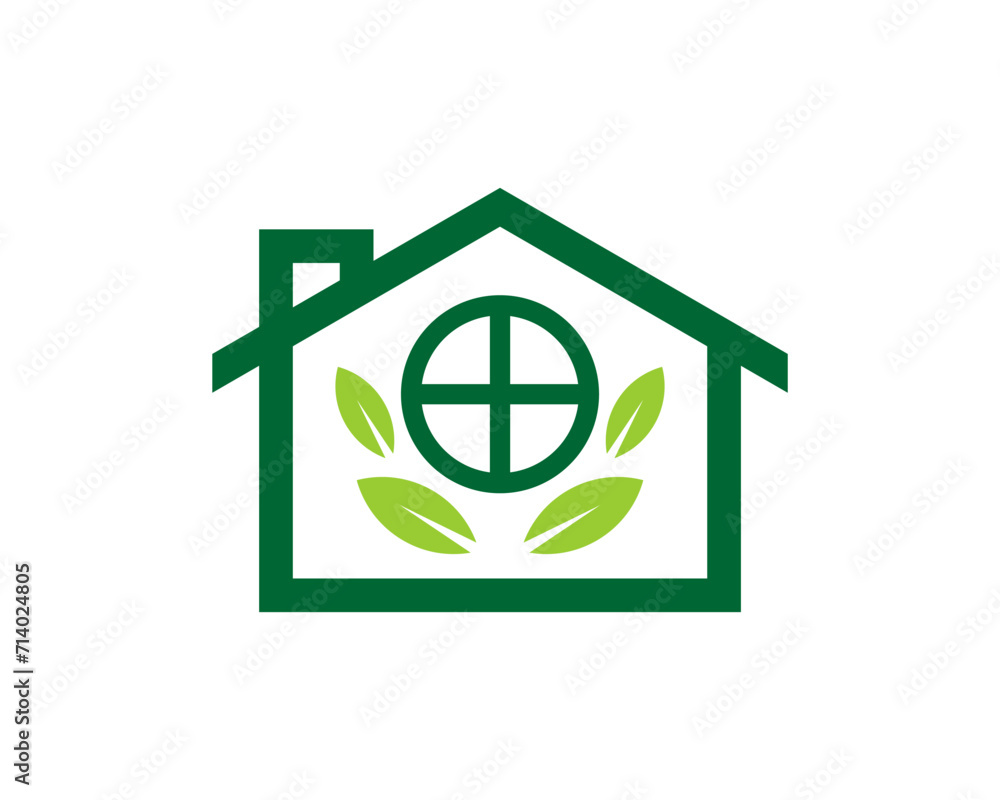 Obraz premium Green house with green leaves in line logo