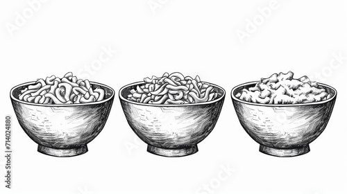 Set Hand drawn sketch homemade macaroni and cheese in a bowl. Isolated object on white background photo