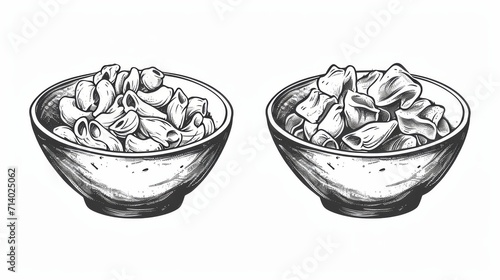 Set Hand drawn sketch homemade macaroni and cheese in a bowl. Isolated object on white background