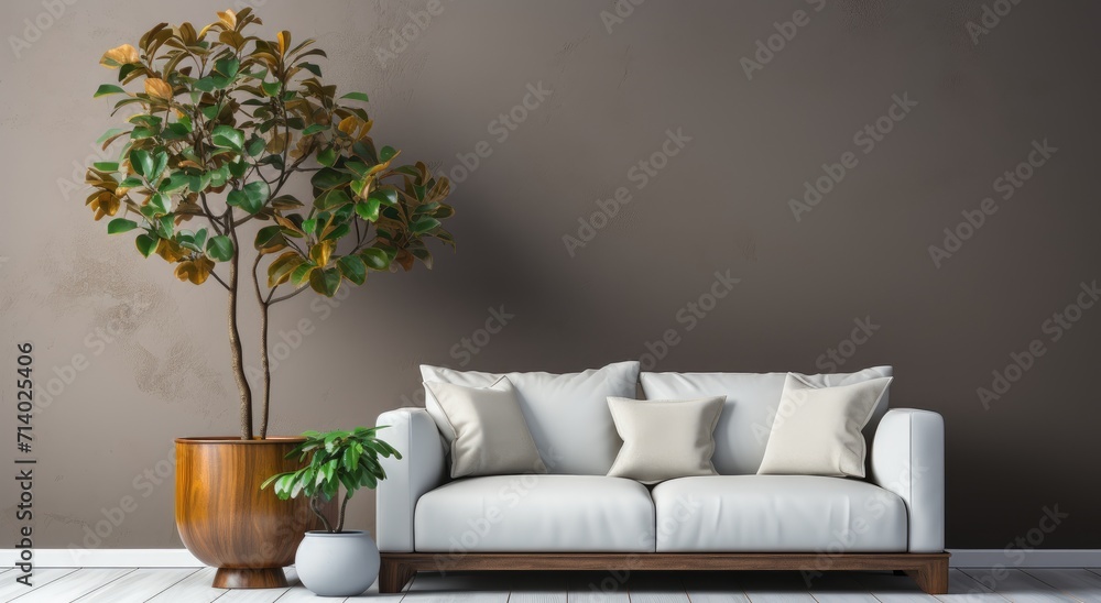 A cozy living room oasis featuring a chic white couch adorned with vibrant throw pillows and a lush houseplant, surrounded by a modern interior design of neutral tones and stylish accents A cozy living room oasis featuring a chic white couch adorned with vibrant throw pillows and a lush houseplant, surrounded by a modern interior design of neutral tones and stylish accents