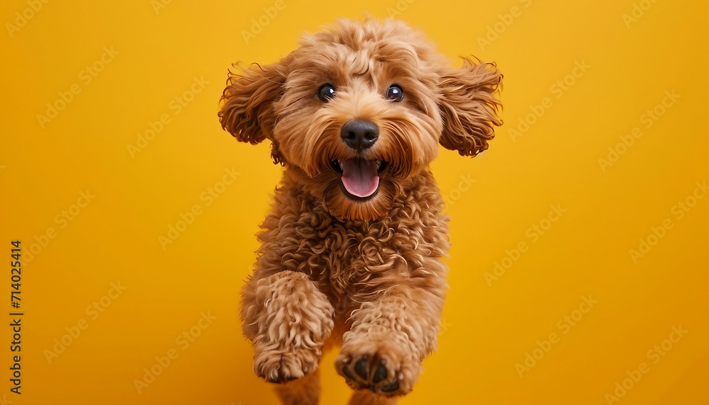  joyful spirit of a Labradoodle in a lively pose against a cheerful yellow backdrop, emphasizing the breed's playful nature, Labradoodle in yellow background, AI