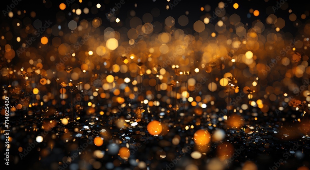 Amber and gold lights blur in the night, illuminating an outdoor gathering with a warm and inviting glow