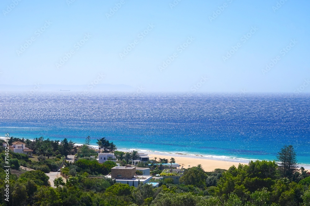 view over luxurious villas towards the Playa Los Alemanes, Atlanterra, Faro de Camarinal, Costa de la Luz, Atlanterra, Andalusia, Spain