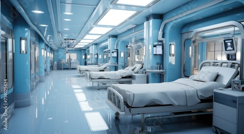 A tranquil hospital room  with neatly arranged beds and essential medical equipment  features a serene light blue floor that exudes a sense of calm and comfort