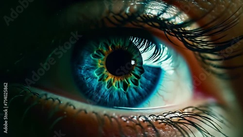 Human eye close up with blue iris, eyelashes and pupil Generative AI  photo