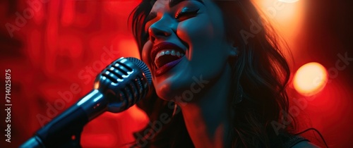 a beautiful young lady sings into microphone while smiling