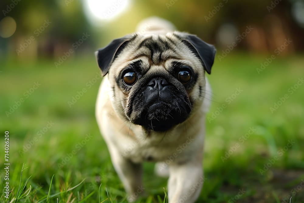 Pug dog breed on a walk in the park