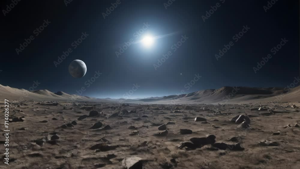 The moon's surface is dotted with numerous craters and rocks, with ...