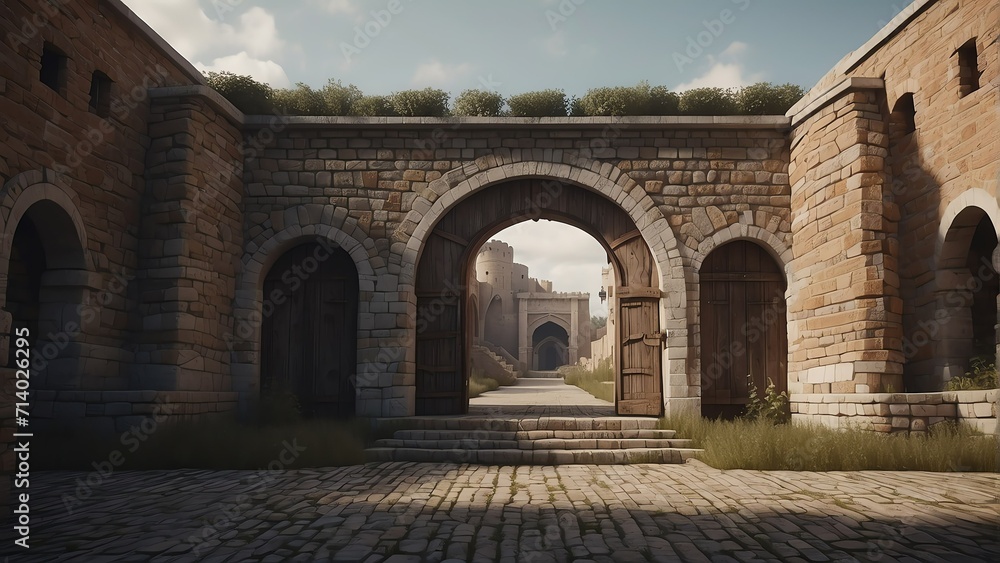 Entrance of a medieval roman kingdom with arch and columns from Generative AI Entrance of a medieval roman kingdom with arch and columns from Generative AI