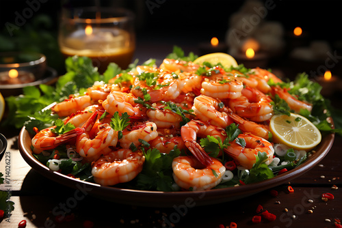 Delicious white shrimp salad with chopped lettuce on a wooden table