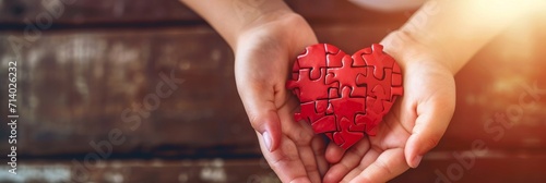 The concept of charity, love, donate and helping hand. International cardiology day. A woman and child arranges red heart shape puzzles. Symbol of helping others. photo