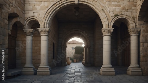 Entrance of a medieval roman kingdom with arch and columns from Generative AI © Arceli
