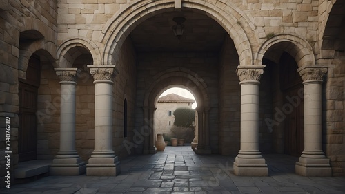 Entrance of a medieval roman kingdom with arch and columns from Generative AI