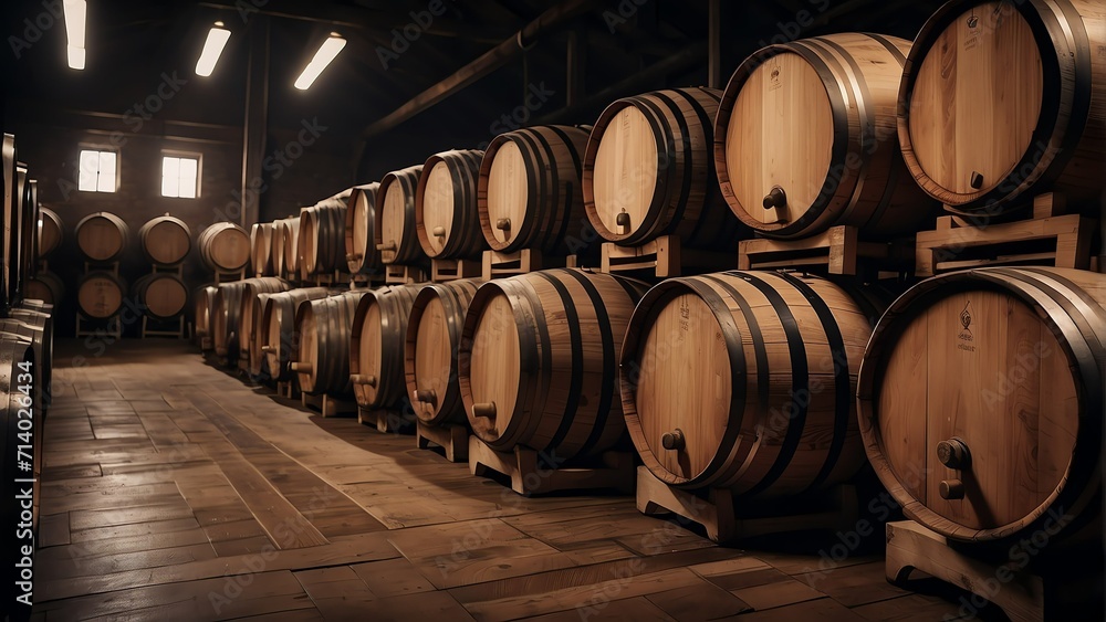 Wooden barrels of wine whiskey of scotch on aging facility from Generative AI