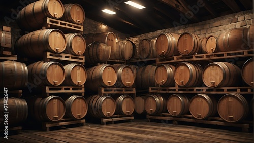 Wooden barrels of wine whiskey of scotch on aging facility from Generative AI