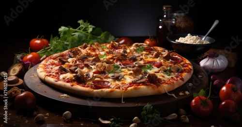 Indulge in a mouth-watering california-style pizza, covered in melted cheese and savory mushrooms, served on a sleek indoor table, evoking feelings of comfort and satisfaction