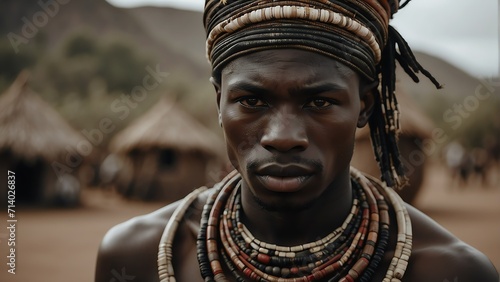 Portrait of a young man black african from a native traditional tribe from Generative AI