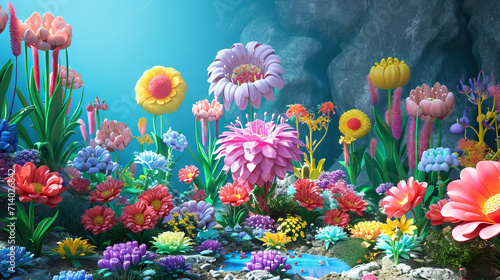 Garden of Divine Harmony: An Animated Oasis with Sacred Flowers. 3D Colorful Vivid.