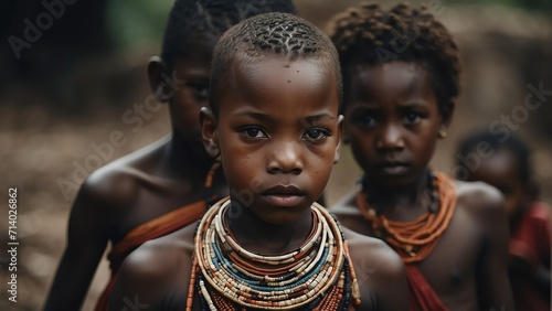 Portrait of a young children black african from a native traditional tribe from Generative AI