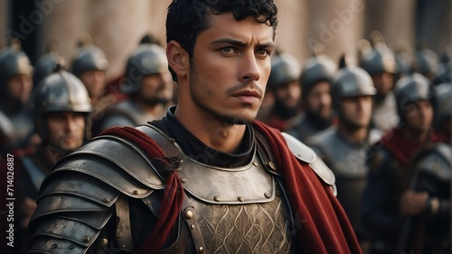 Portrait of a handsome medievel roman young soldier warrior from Generative AI photo