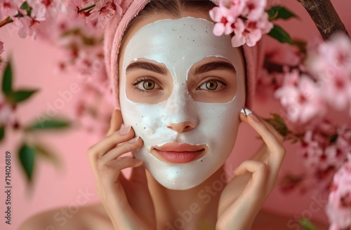 a beautiful young woman putting on a face mask on her face