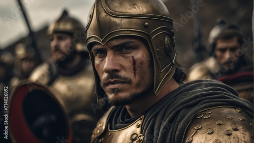 Portrait of a handsome medievel spartan young soldier warrior from Generative AI