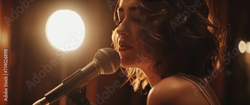 woman singing into the microphone live recording shot