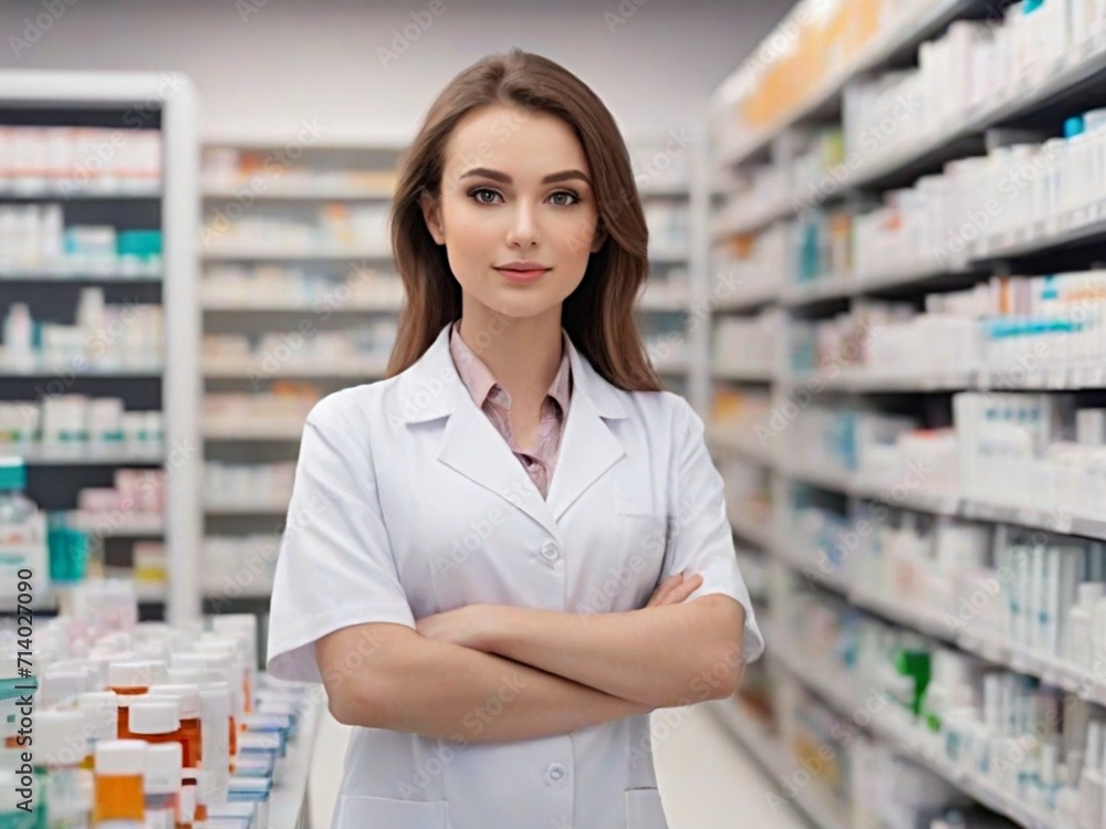 Woman pharmacist next to blurred shelves with medicines in pharmacy	