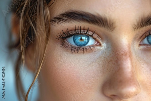 close up of woman blue eye looking at camera