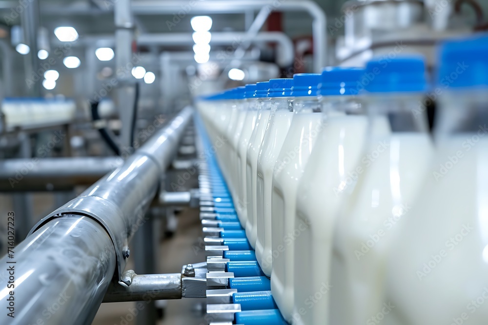 milk bottle conveyor belt in a factory
