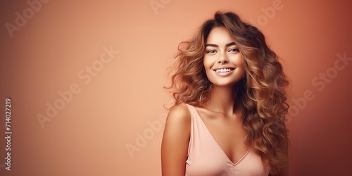 attractive woman beaming in a setting adorned with a delightful peach fuzz color theme