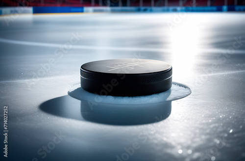 Hockey puck on ice before the match, hockey sports arena, active sports background photo