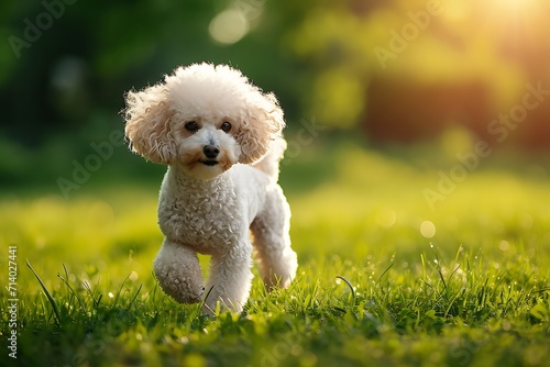 dog white poodle breed walks in the park on a summer day photo
